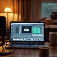 Podkast-produksjon - mikrofon, datamaskin, og kaffe